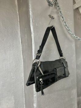 Vintage real leather handbag with pockets black