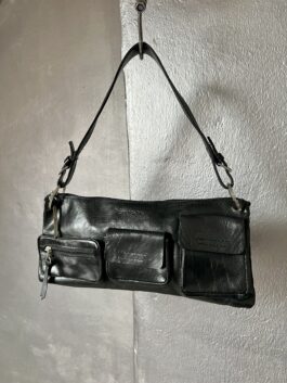 Vintage real leather handbag with pockets black