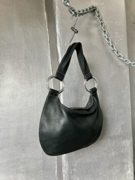 Vintage real leather handbag with silver rings black