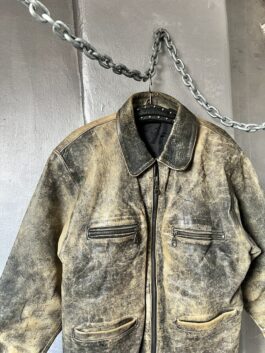 Vintage oversized real leather racing jacket washed grey brown