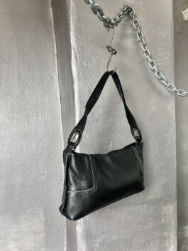Vintage real leather shoulderbag with small silver rings black