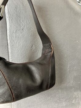 Vintage real leather shoulderbag with buckle strap dark brown