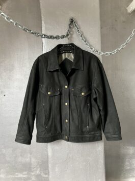 Vintage oversized real leather jacket with gold buttons black