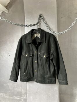 Vintage oversized real leather jacket with gold buttons black