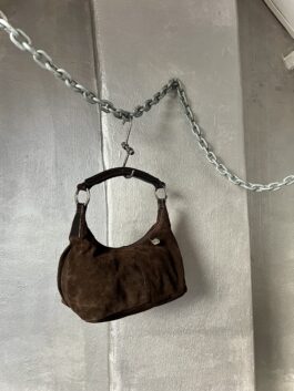 Vintage real leather suede handbag with handle brown