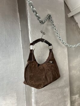 Vintage real leather suede handbag with handle brown