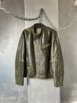 Vintage oversized real leather racing jacket washed green brown