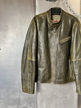 Vintage oversized real leather racing jacket washed green brown
