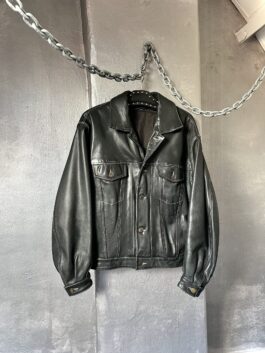 Vintage oversized real leather denim look jacket black