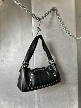 Vintage real leather shoulderbag with silver buttons black