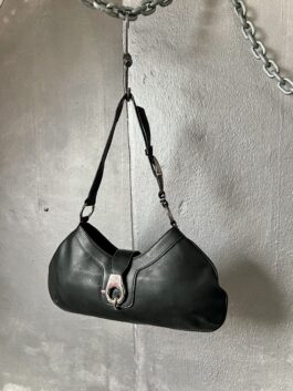 Vintage leather shoulderbag with silver hardware black