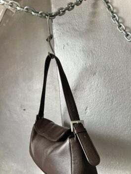 Vintage real leather handbag with buckle straps brown