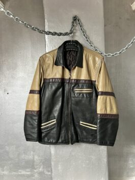 Vintage oversized real leather racing jacket padded black beige
