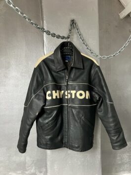 Vintage Chyston oversized real leather racing jacket black beige