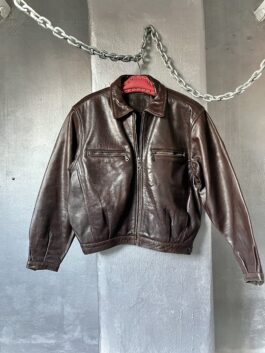 Vintage oversized real leather cropped racing jacket brown