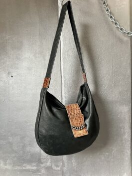 Vintage real leather crossbody bag with snakeskin details black