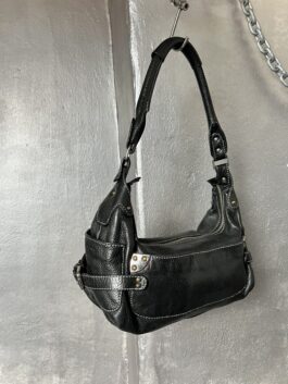 Vintage real leather shoulderbag with silver hardware black