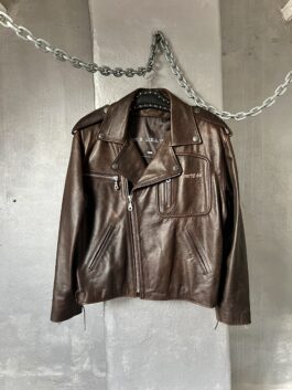 Vintage Route 66 oversized real leather biker jacket washed brown