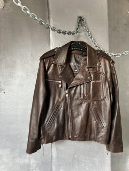Vintage Route 66 oversized real leather biker jacket washed brown