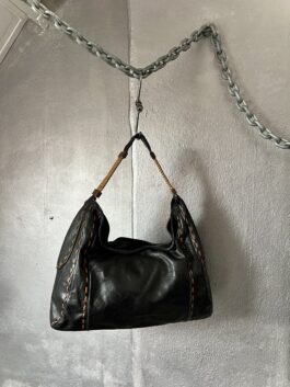 Vintage real leather shoulderbag with brown details black