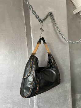 Vintage real leather shoulderbag with brown details black
