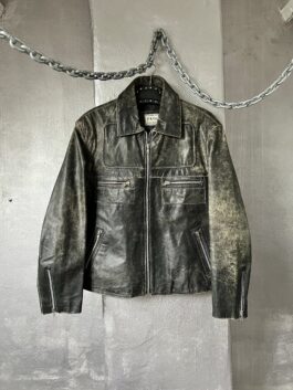 Vintage oversized real leather racing jacket washed grey green