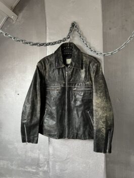 Vintage oversized real leather racing jacket washed grey green