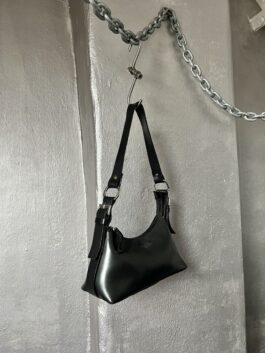 Vintage real leather shoulderbag with buckle straps black