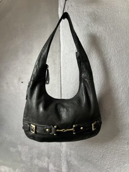 Vintage real leather shoulderbag with bronze hardware black
