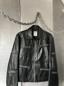 Vintage oversized real leather racing jacket washed black