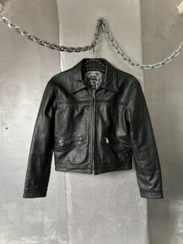 Vintage oversized real leather cropped racing jacket black