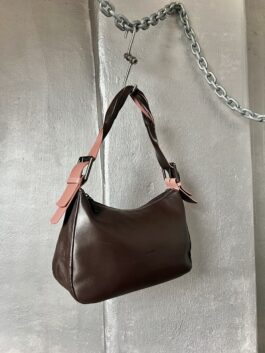 Vintage real leather handbag with buckle straps brown pink