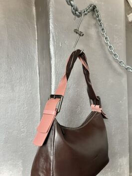 Vintage real leather handbag with buckle straps brown pink
