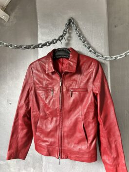 Vintage real leather racing jacket with double zip red