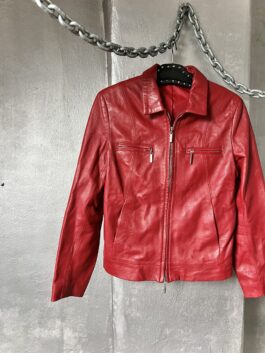 Vintage real leather racing jacket with double zip red