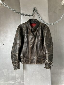 Vintage oversized real leather racing motor jacket washed brown