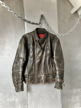 Vintage oversized real leather racing motor jacket washed brown