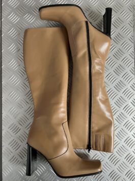 Vintage genuine leather heeled boots beige