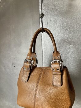 Vintage real leather handbag with buckle straps brown