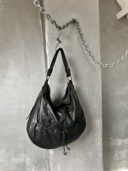 Vintage real leather large shoulderbag with silver details black