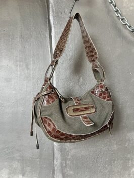 Vintage Guess canvas shoulderbag with snakeskin brown green