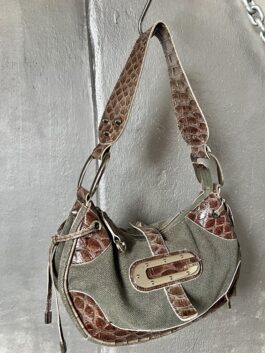 Vintage Guess canvas shoulderbag with snakeskin brown green
