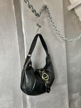 Vintage real leather handbag with bronze hardware black