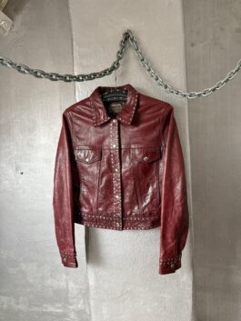 Vintage real leather studded racing jacket wine red