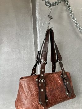 Vintage real leather shoulderbag with snakeskin and buckle straps brown