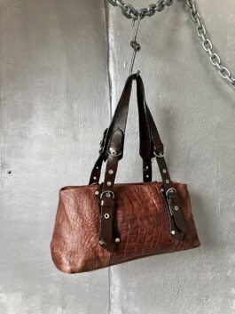 Vintage real leather shoulderbag with snakeskin and buckle straps brown