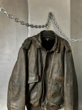 Vintage oversized real leather bomber jacket washed brown