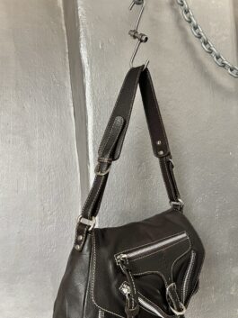 Vintage real leather shoulderbag with zips details dark brown