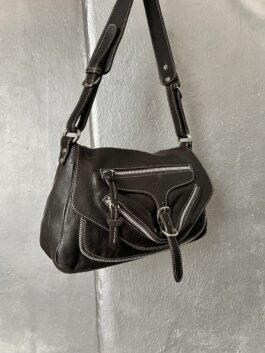 Vintage real leather shoulderbag with zips details dark brown