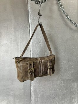 Vintage real leather handbag with buckle straps washed brown
